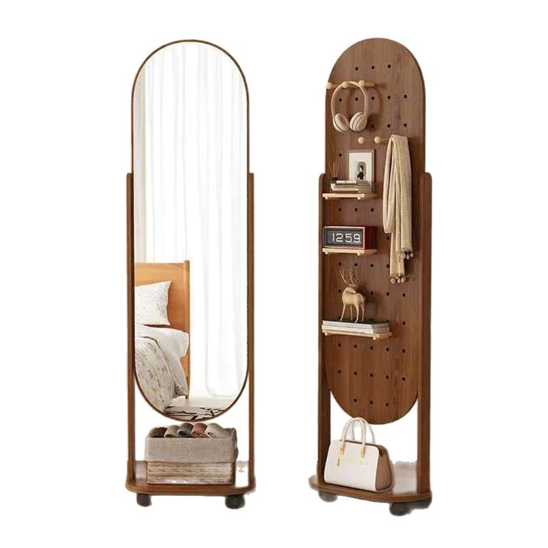 Specchio a tutta altezza in vetro e compensato rettangolare in stile scandinavo contemporaneo con ripiano per la camera da letto