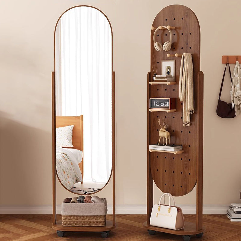 Specchio a tutta altezza in vetro e compensato rettangolare in stile scandinavo contemporaneo con ripiano per la camera da letto