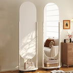 Specchio a tutta altezza in vetro e compensato rettangolare in stile scandinavo contemporaneo con ripiano per la camera da letto