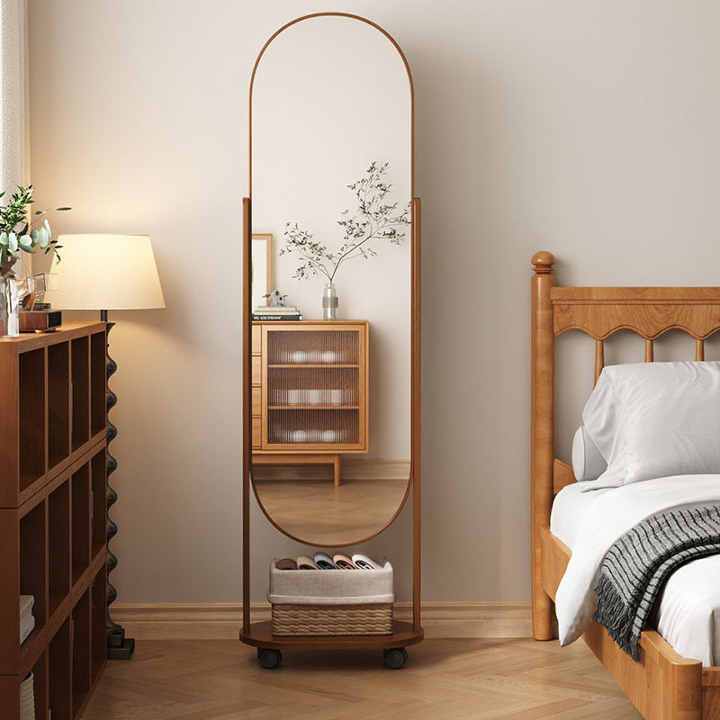 Specchio a tutta altezza in vetro e compensato rettangolare in stile scandinavo contemporaneo con ripiano per la camera da letto
