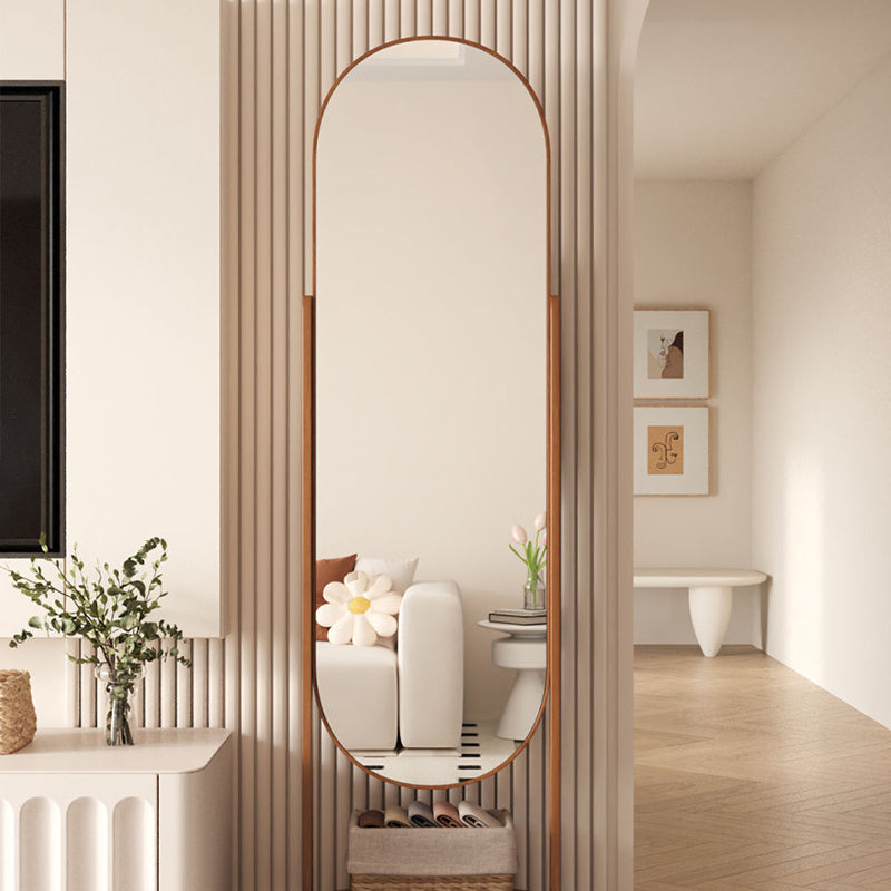 Specchio a tutta altezza in vetro e compensato rettangolare in stile scandinavo contemporaneo con ripiano per la camera da letto