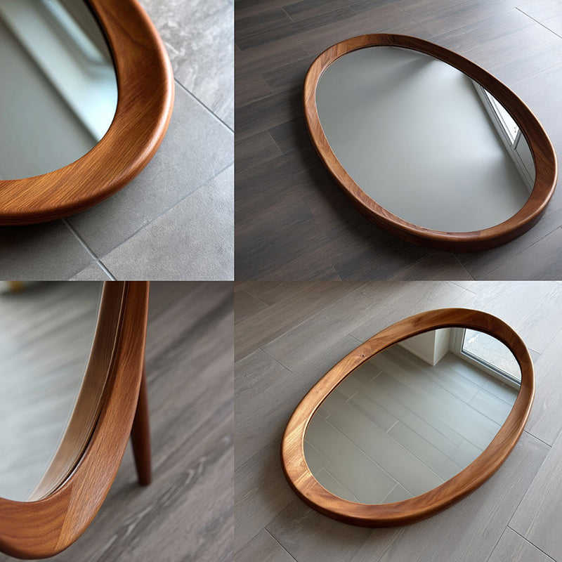 Specchio da Parete Ovale in Legno di Gomma Massello con Vetro Temperato per Camera da Letto