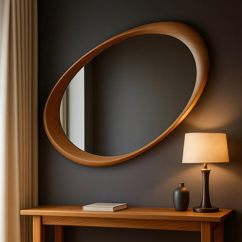 Specchio da Parete Ovale in Legno di Gomma Massello con Vetro Temperato per Camera da Letto