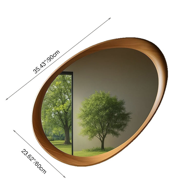 Specchio da Parete Ovale in Legno di Gomma Massello con Vetro Temperato per Camera da Letto