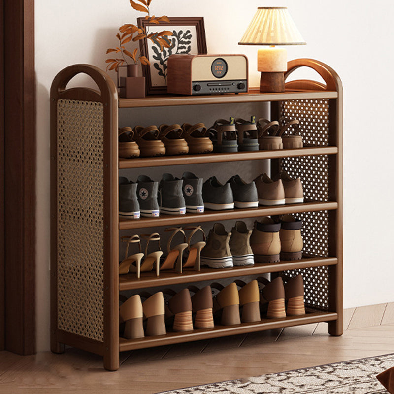 Tradizionale Vintage Rettangolare PE Rattan Bambù Medium-Density Fiberboard Scaffale di Stoccaggio Scarpe 5/6-Tier per Ingressi e Soggiorni