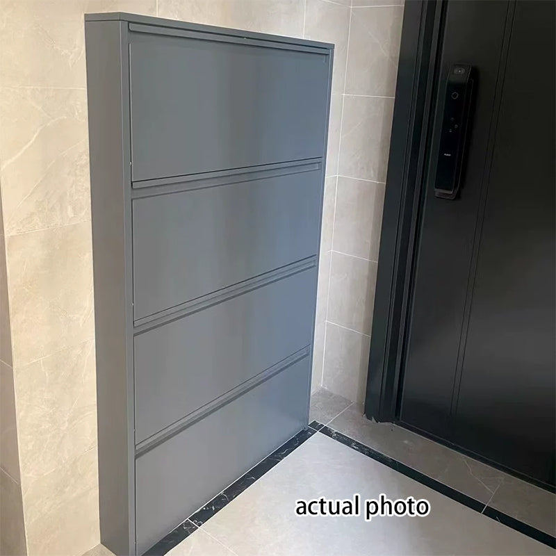 Armadio per Scarpe Slim Rectangolare in Acciaio Minimalista Moderno con Cassetti a Ribalta 3/4 Livelli per Ingresso
