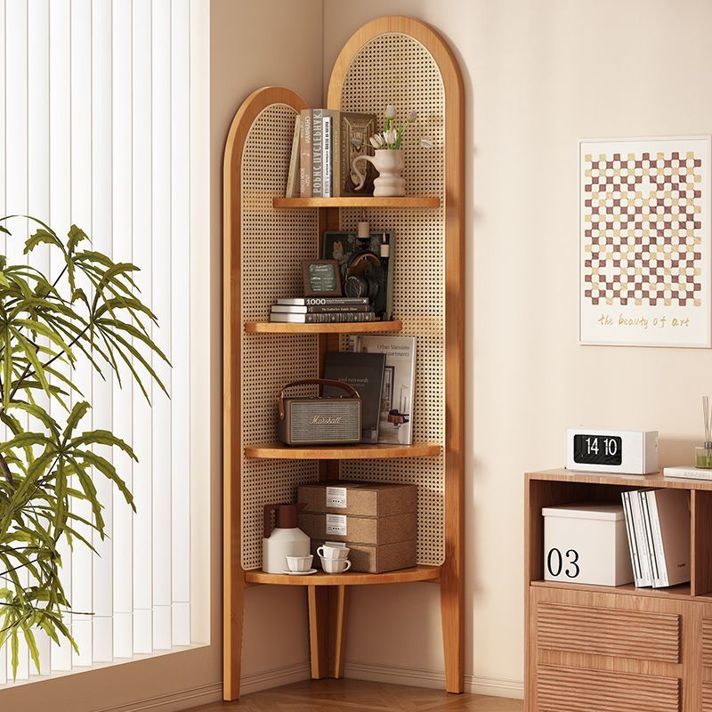 Unità di Scaffale Angolare a 4 Ripiani in Rattan Intrecciato di Bambù Nan a Forma di Ventaglio Cinese Tradizionale per Soggiorno