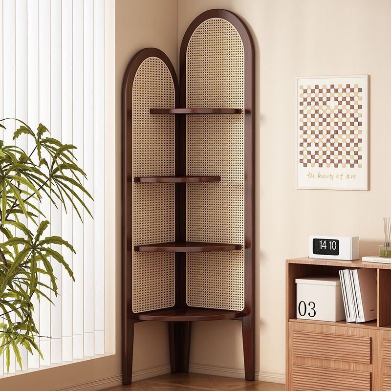 Unità di Scaffale Angolare a 4 Ripiani in Rattan Intrecciato di Bambù Nan a Forma di Ventaglio Cinese Tradizionale per Soggiorno