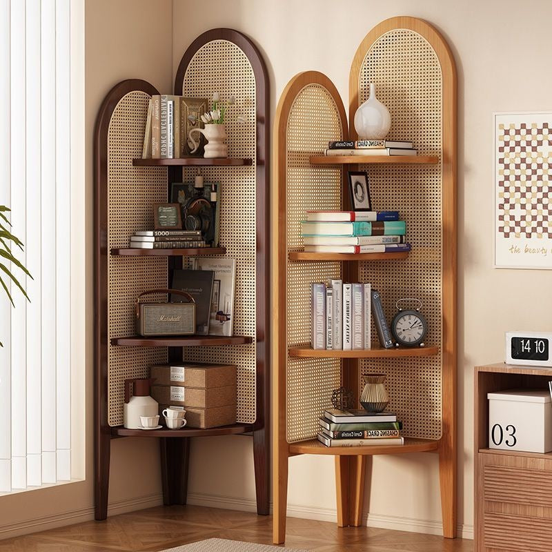 Unità di Scaffale Angolare a 4 Ripiani in Rattan Intrecciato di Bambù Nan a Forma di Ventaglio Cinese Tradizionale per Soggiorno