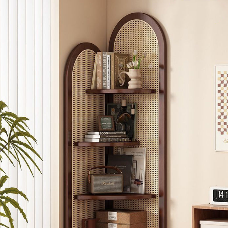 Unità di Scaffale Angolare a 4 Ripiani in Rattan Intrecciato di Bambù Nan a Forma di Ventaglio Cinese Tradizionale per Soggiorno