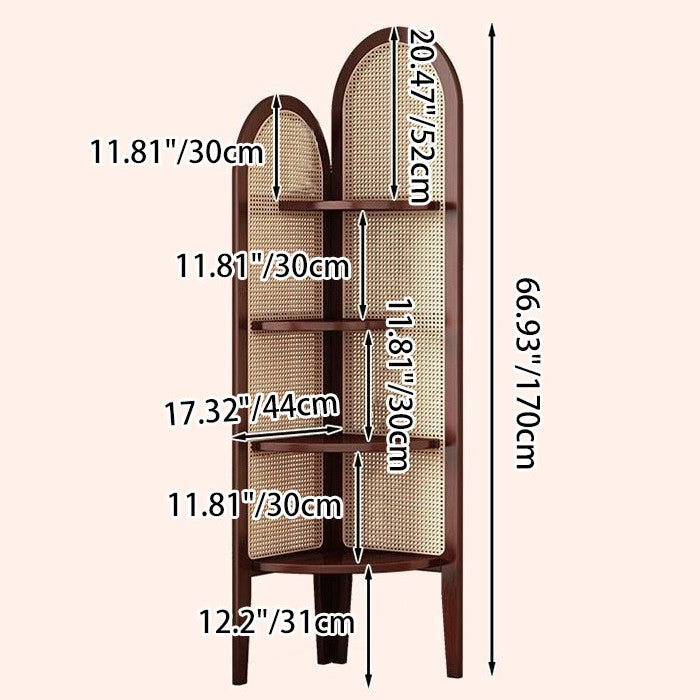 Unità di Scaffale Angolare a 4 Ripiani in Rattan Intrecciato di Bambù Nan a Forma di Ventaglio Cinese Tradizionale per Soggiorno