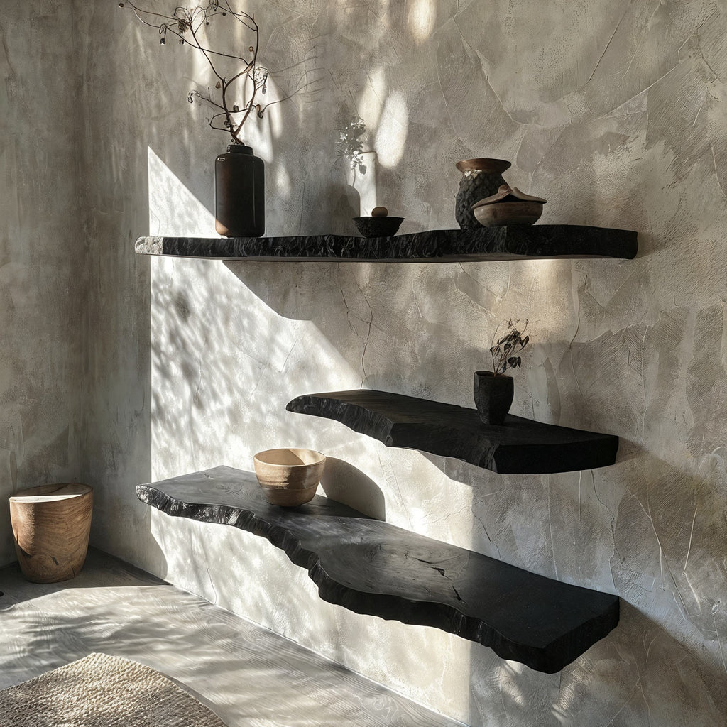 Mensole Galleggianti in Ebano Sculpturale Elara Haus con Bordo Naturale