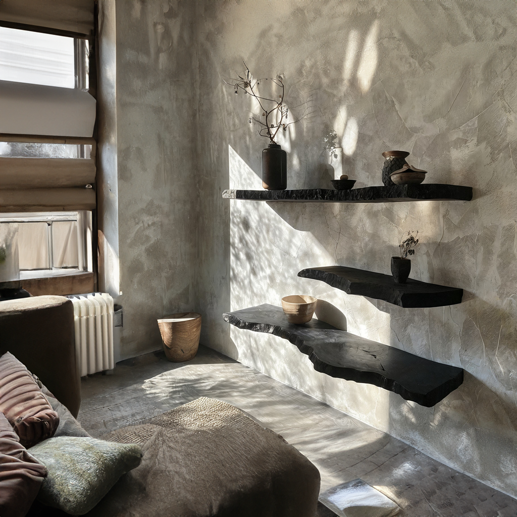 Mensole Galleggianti in Ebano Sculpturale Elara Haus con Bordo Naturale