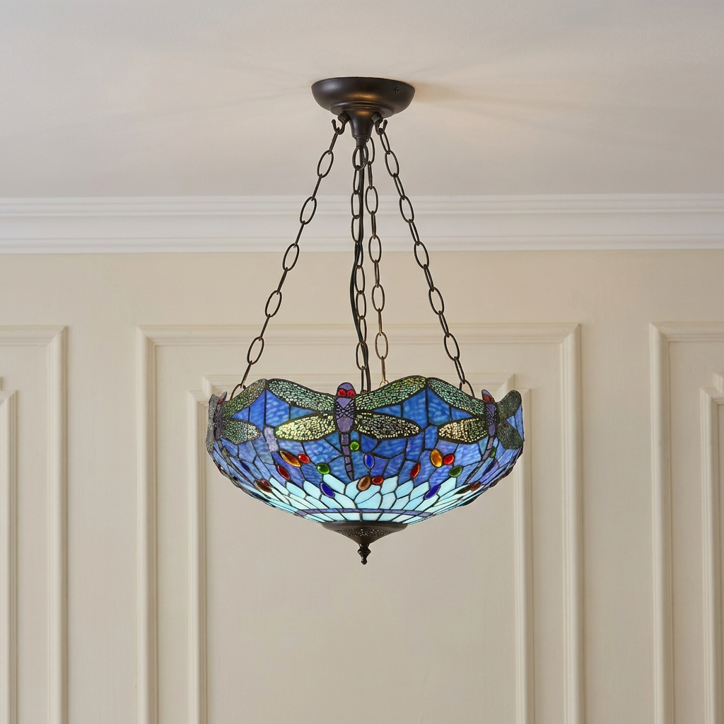 Luce da soffitto Tiffany Invertita Media Libellula Blu