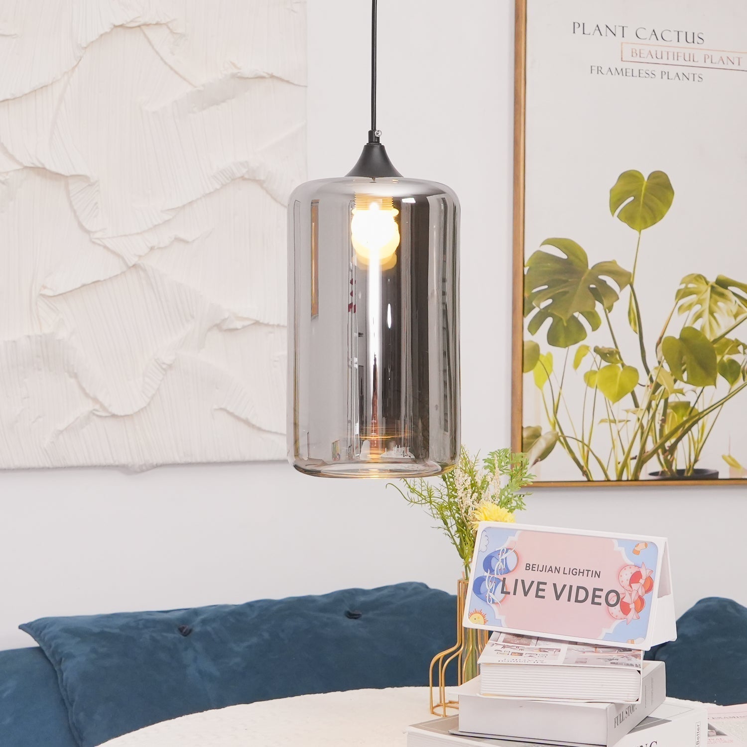 Luce a sospensione in vetro minimalista di giugno, grigio fumo
