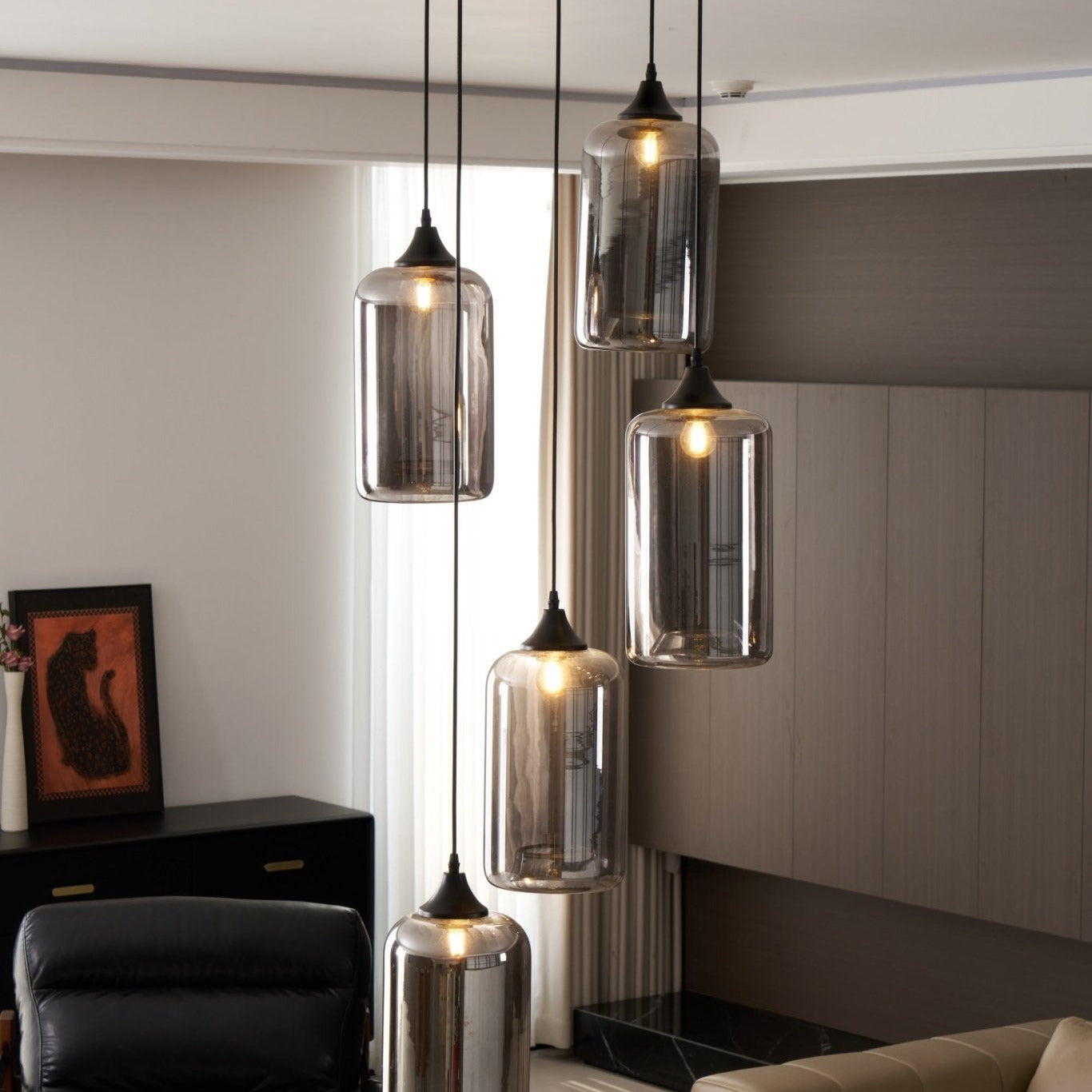 Luce a sospensione in vetro minimalista di giugno, grigio fumo