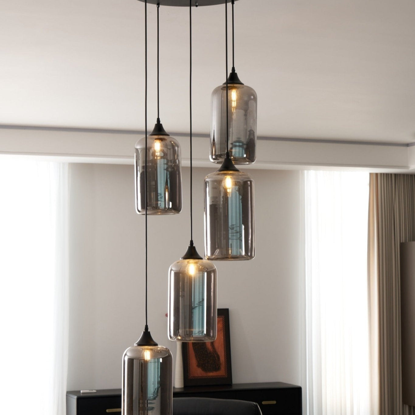 Luce a sospensione in vetro minimalista di giugno, grigio fumo