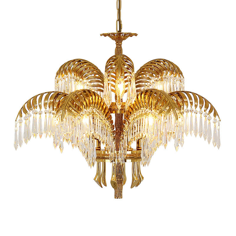 Lampadario in Cristallo con Foglia di Palma in Ottone