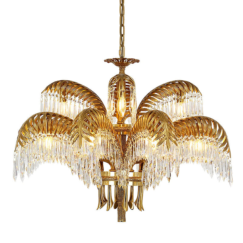 Lampadario in Cristallo con Foglia di Palma in Ottone