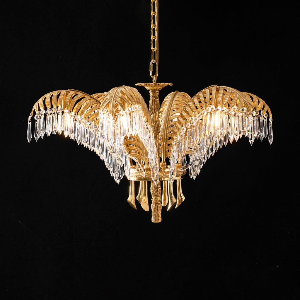 Lampadario in Cristallo con Foglia di Palma in Ottone