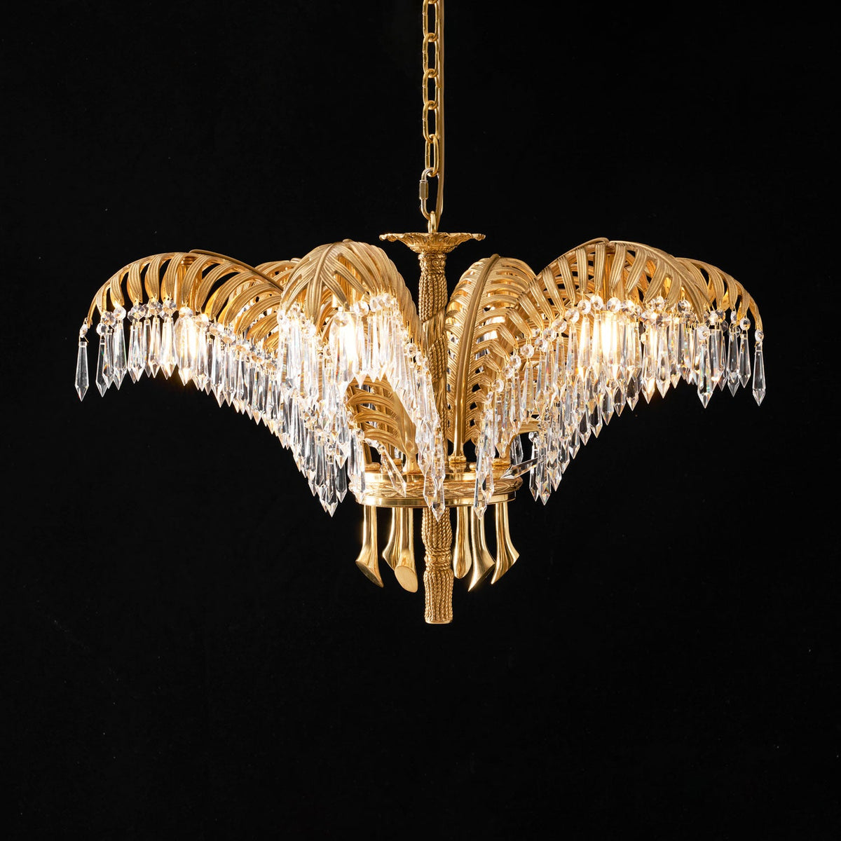 Lampadario in Cristallo con Foglia di Palma in Ottone