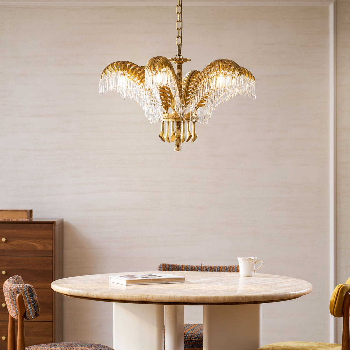 Lampadario in Cristallo con Foglia di Palma in Ottone
