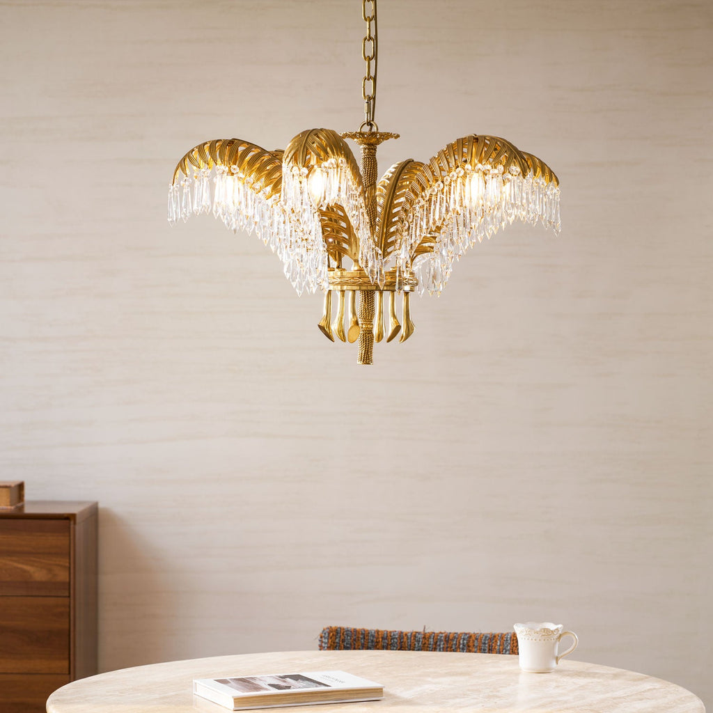 Lampadario in Cristallo con Foglia di Palma in Ottone