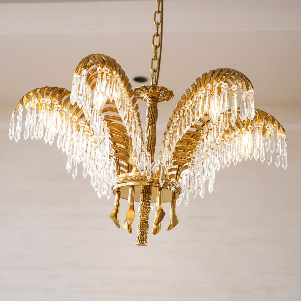 Lampadario in Cristallo con Foglia di Palma in Ottone