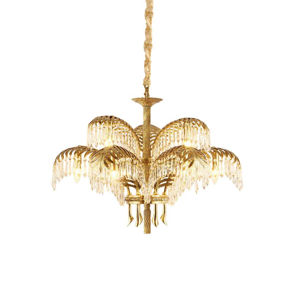 Lampadario in Cristallo con Foglia di Palma in Ottone