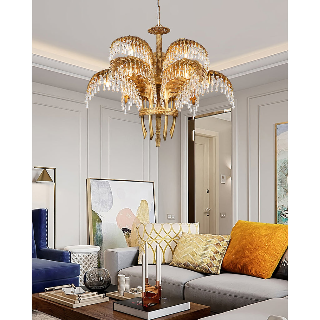 Lampadario in Cristallo con Foglia di Palma in Ottone