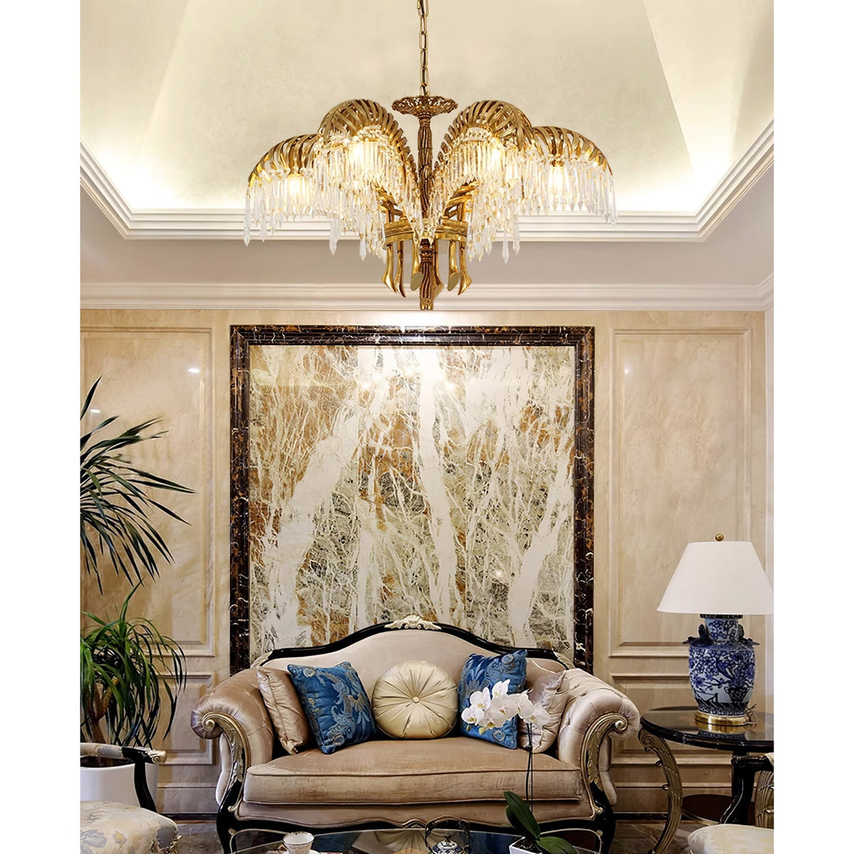 Lampadario in Cristallo con Foglia di Palma in Ottone