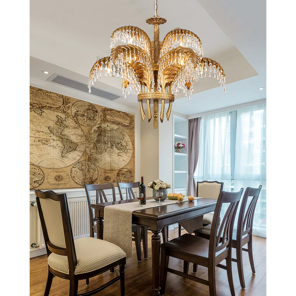 Lampadario in Cristallo con Foglia di Palma in Ottone