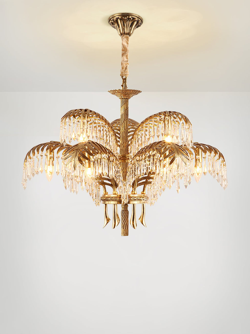 Lampadario in Cristallo con Foglia di Palma in Ottone