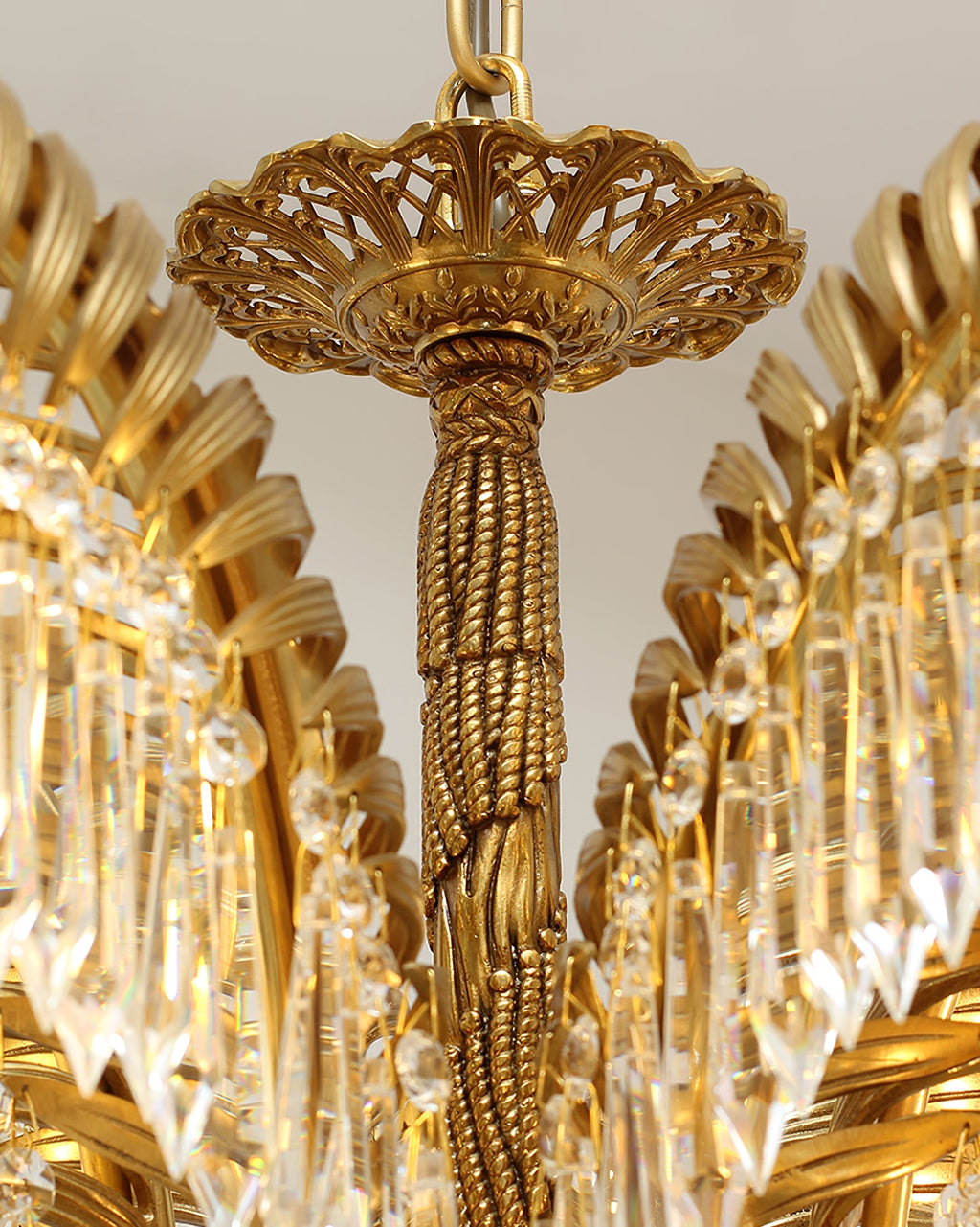 Lampadario in Cristallo con Foglia di Palma in Ottone