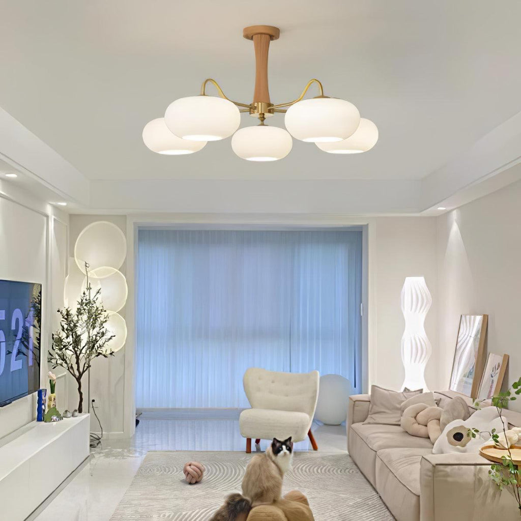 Lampadario in Ottone, Legno e Vetro Candy