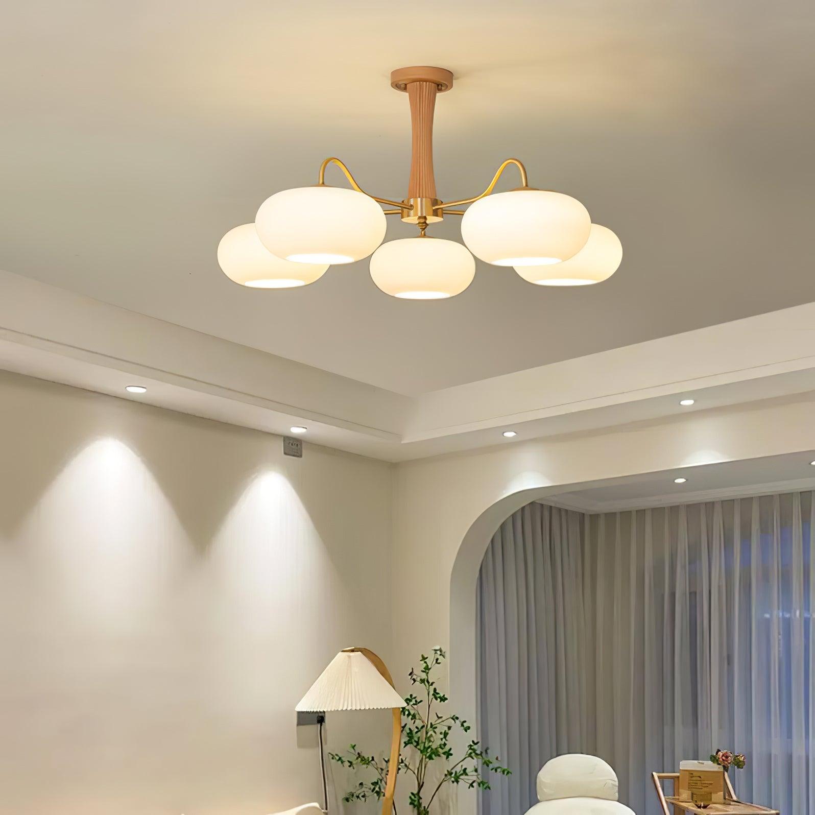 Lampadario in Ottone, Legno e Vetro Candy