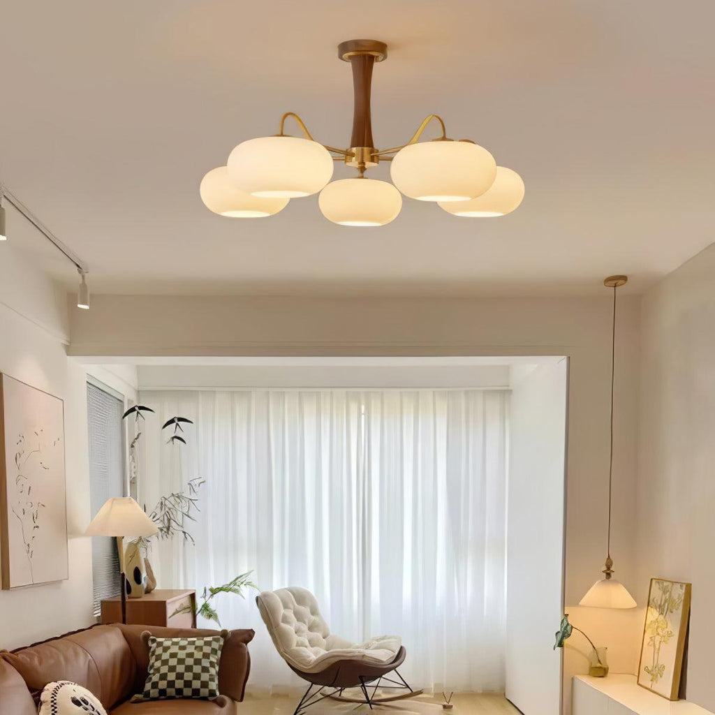 Lampadario in Ottone, Legno e Vetro Candy