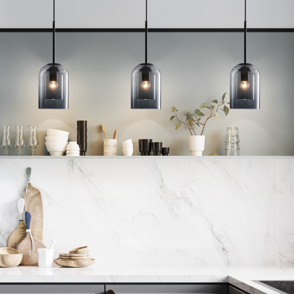 Sospensione design tubo arrotondato doppio vetro fumé