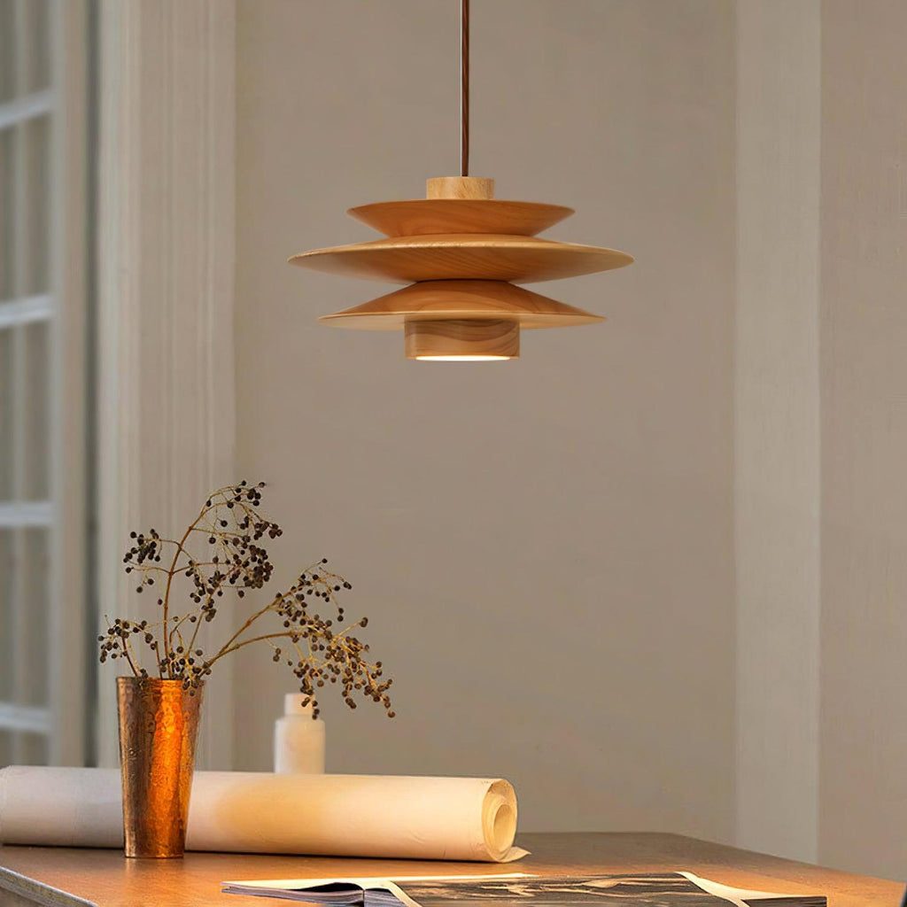 Lampada a sospensione in legno a disco Cascade