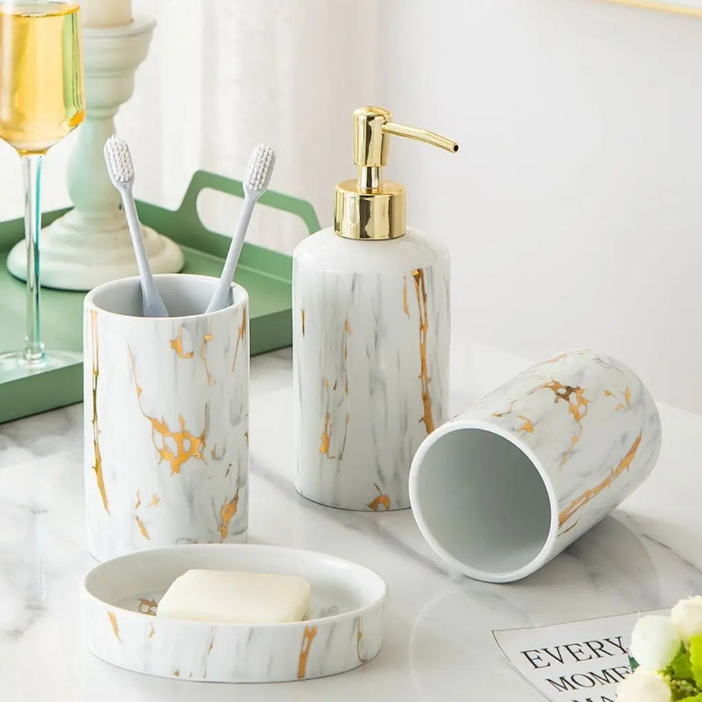 Set da Bagno in Marmo Amelia – Kit di Lavaggio in Ceramica da 4 Pezzi