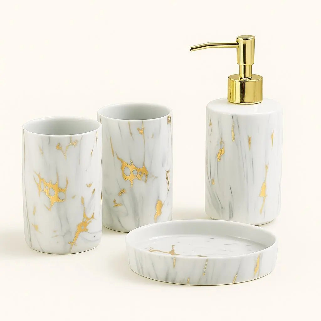 Set da Bagno in Marmo Amelia – Kit di Lavaggio in Ceramica da 4 Pezzi