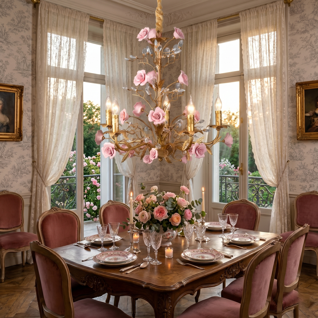 Lampadario in ceramica a forma di rosa rampicante