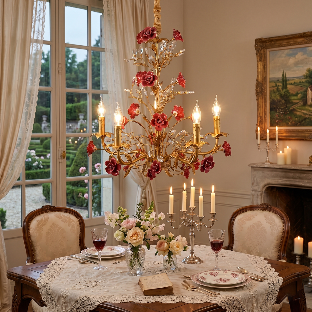 Lampadario in ceramica a forma di rosa rampicante
