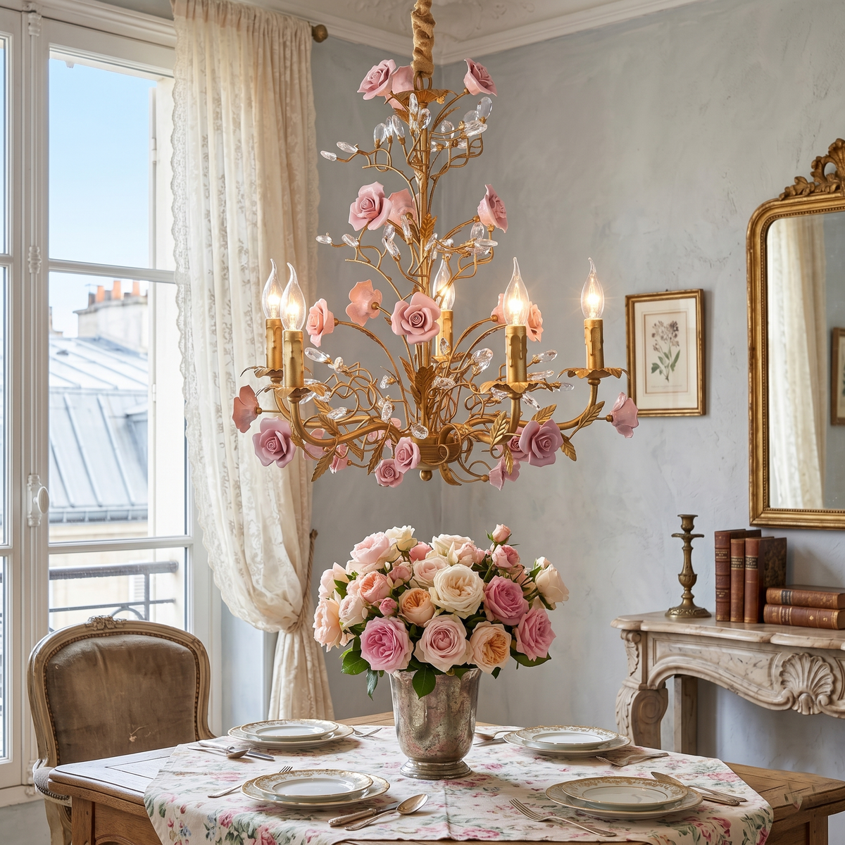 Lampadario in ceramica a forma di rosa rampicante