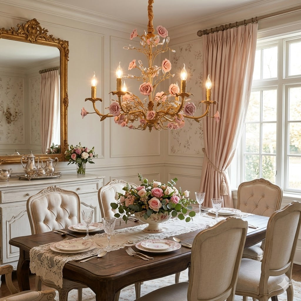 Lampadario in ceramica a forma di rosa rampicante