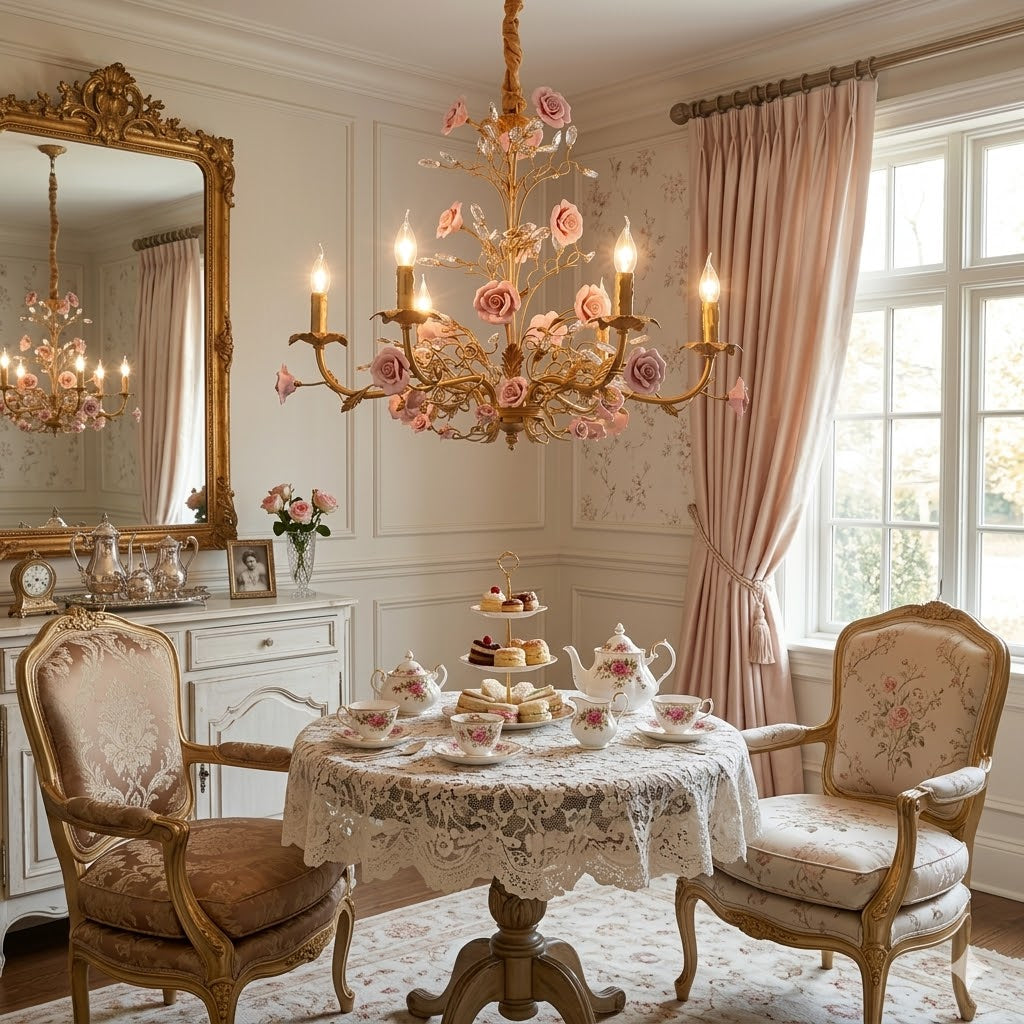 Lampadario in ceramica a forma di rosa rampicante