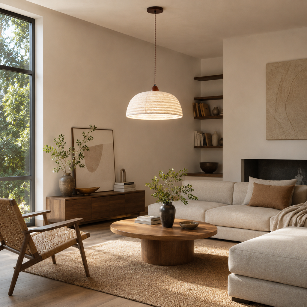OCS - Lampada a sospensione Trampa Japandi in legno e lino - illuminazione calda e accogliente