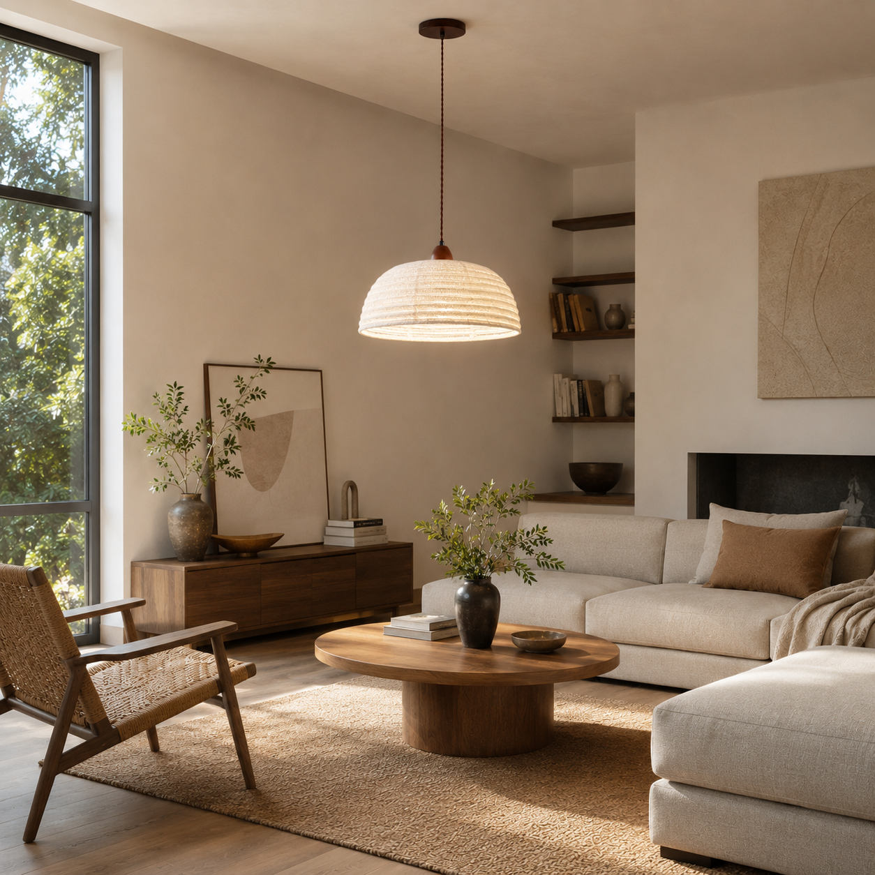 OCS - Lampada a sospensione Trampa Japandi in legno e lino - illuminazione calda e accogliente