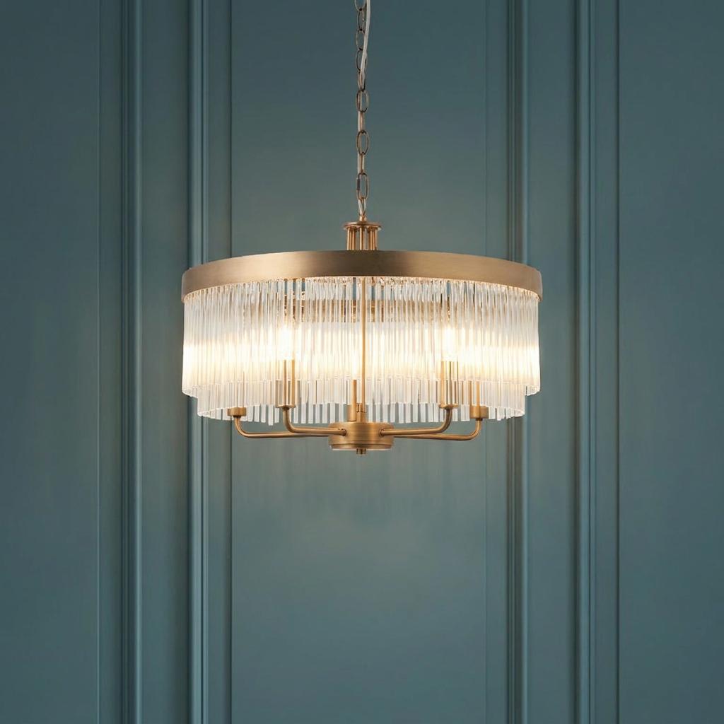 Lampadario in Ottone Clermont a 5 Luci - Aste di Vetro