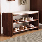 Panchina per Scarpe in Legno Massello Minimalista Moderna con Pelle PU a Due Ripiani per Soggiorno